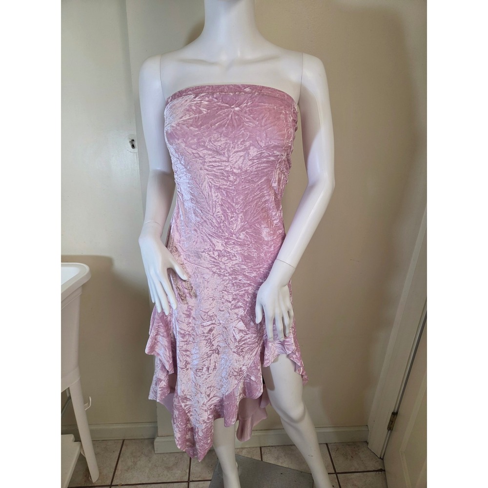 Silence + Noise Pink Crushed Velvet Strapless Asymmetrical Ruffle Midi Dress XS